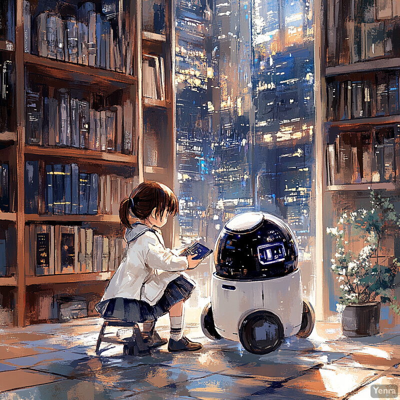 A young girl reads a book with a robot by her side in front of a large bookshelf.