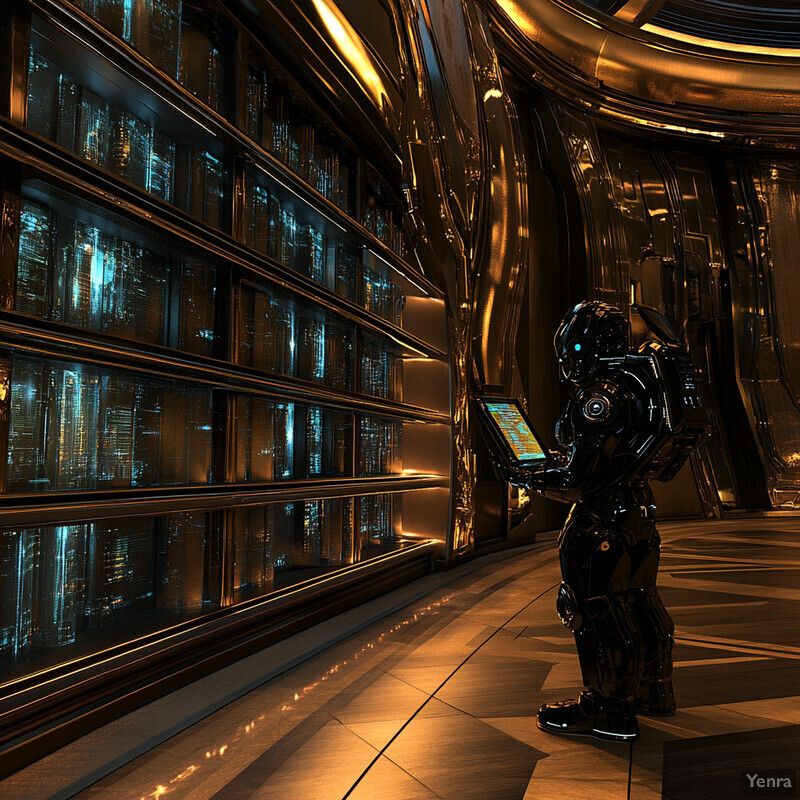 A futuristic scene featuring a black robot in front of a large, circular room with a shiny metallic wall and floor.