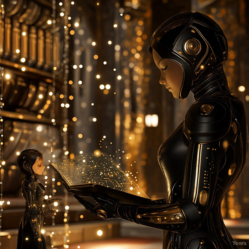 Two robots stand in front of a wall adorned with gold patterns and lights, one holding a tablet.