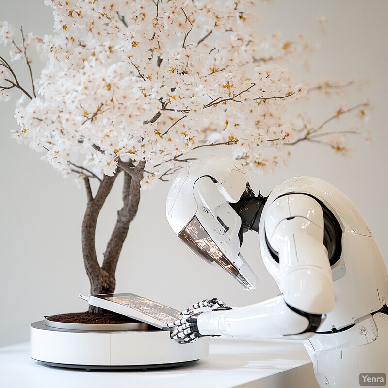 A white robot is interacting with a small tree or plant in a white pot.