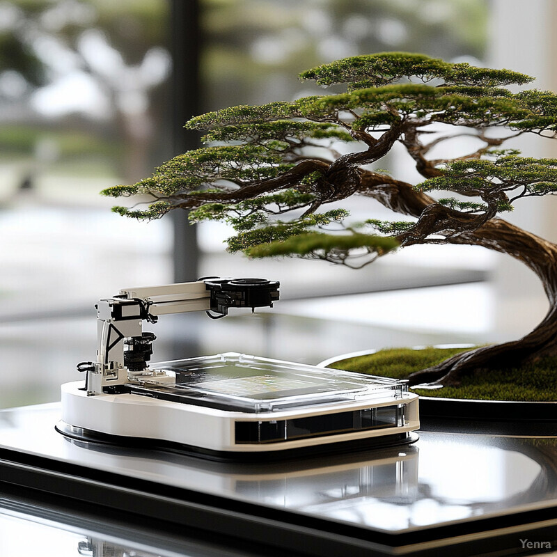 A bonsai tree and device on a table in front of a window.