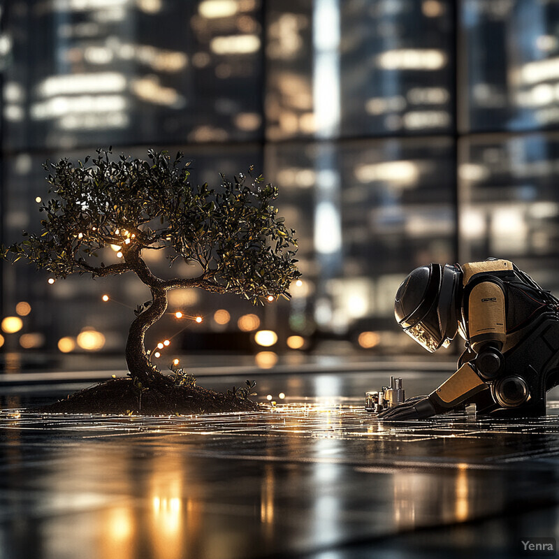 A futuristic scene with a robot and tree in the background.