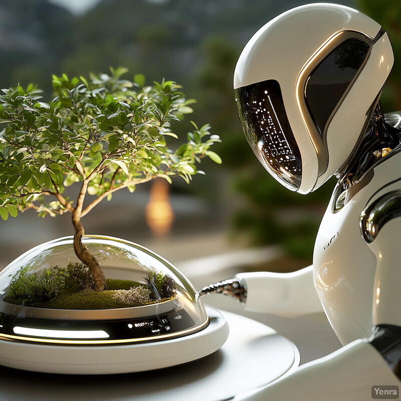 A robot interacts with a small tree in a glass dome, suggesting a nurturing or caretaking activity.