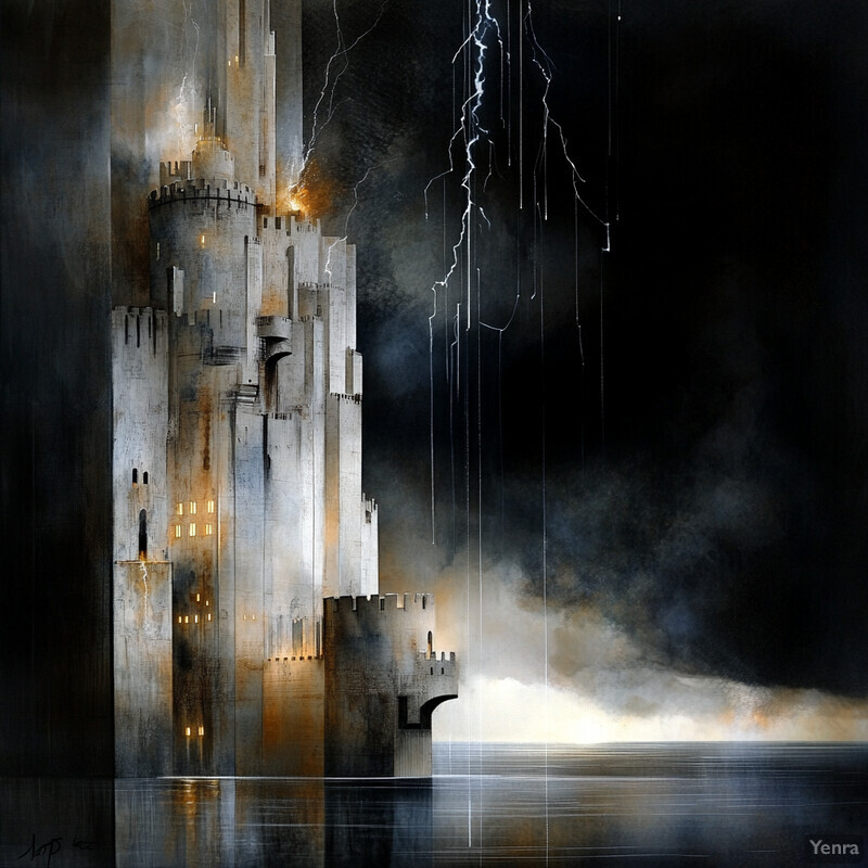 A digital artwork depicting a grand and imposing castle situated on the edge of a body of water, conveying a sense of strength and resilience.