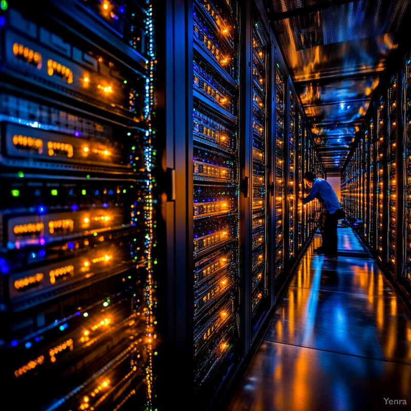 A man works on a server in a large data center.