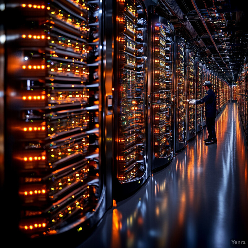 A man works on maintaining or upgrading servers in a large, dimly lit room.