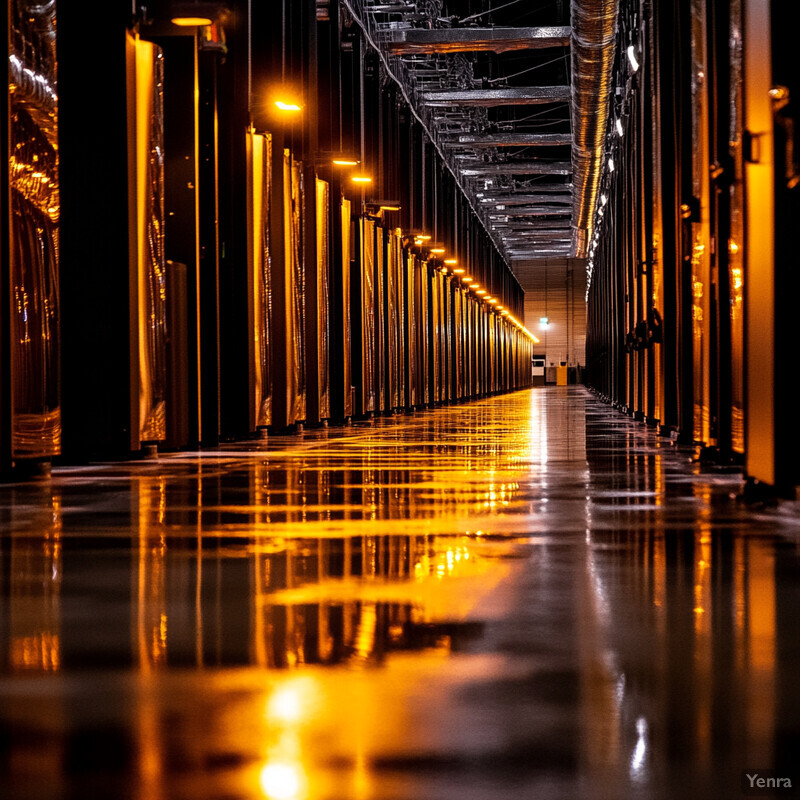 An industrial setting with rows of metal structures lining both sides of an aisle.