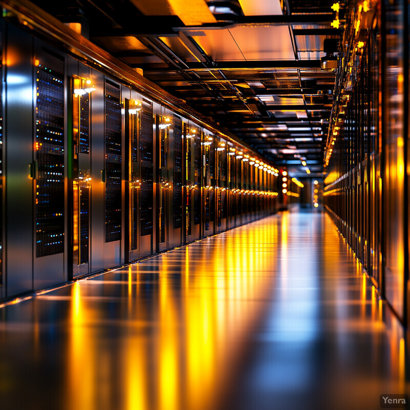 A large server room with rows of servers and dim lighting.