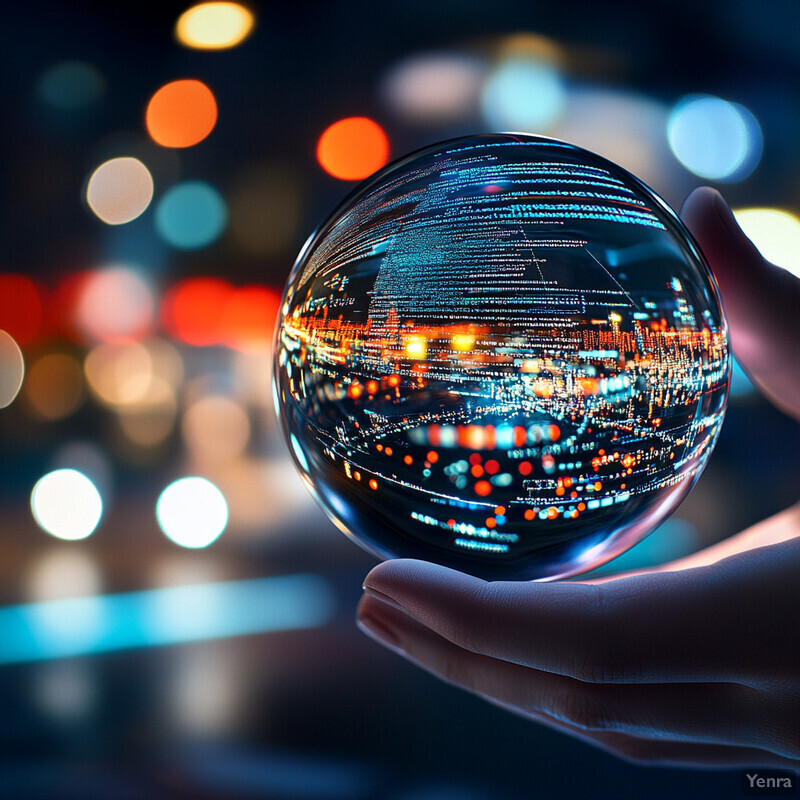 A person holding a crystal ball in their left hand, with the city skyline visible through it.