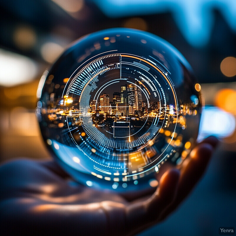 A futuristic cityscape within a crystal ball, representing data analysis or prediction.