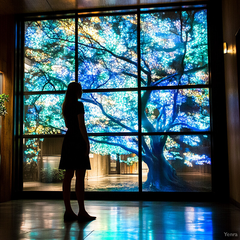 A woman stands in front of a window, gazing out at a tree with vibrant blue and green leaves.