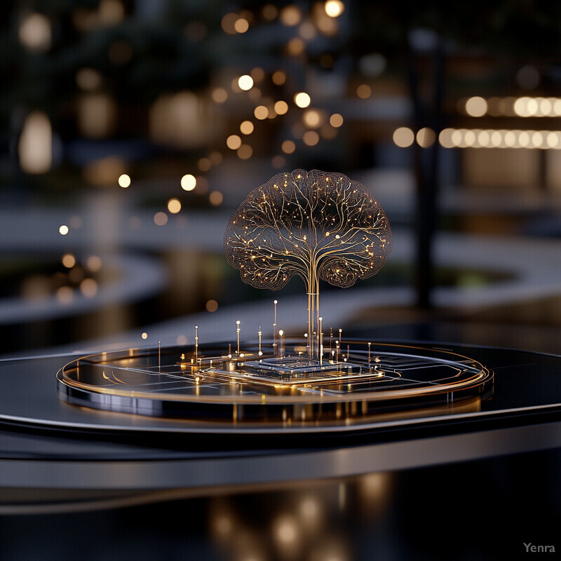 An abstract representation of a tree with its roots and branches intertwined in a 3D mesh set against a blurred cityscape at night.