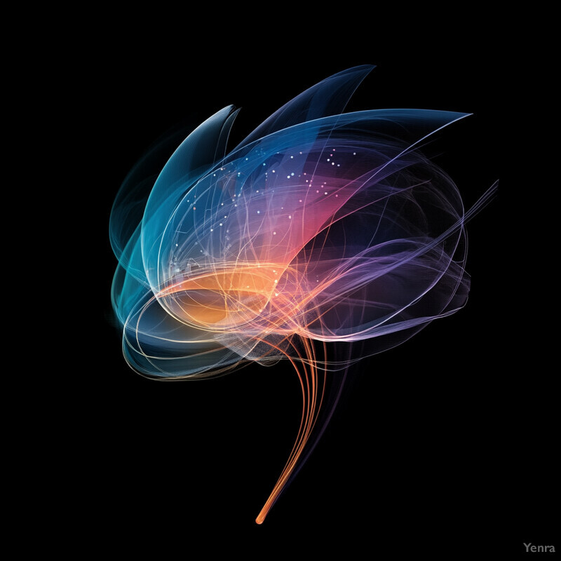 Abstract design with curved lines and shapes in blue, orange, and pink on a gray background.