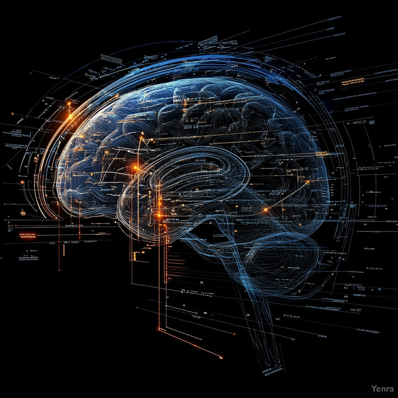 An intricate illustration of the human brain with interwoven lines in shades of blue and orange against a deep black background.