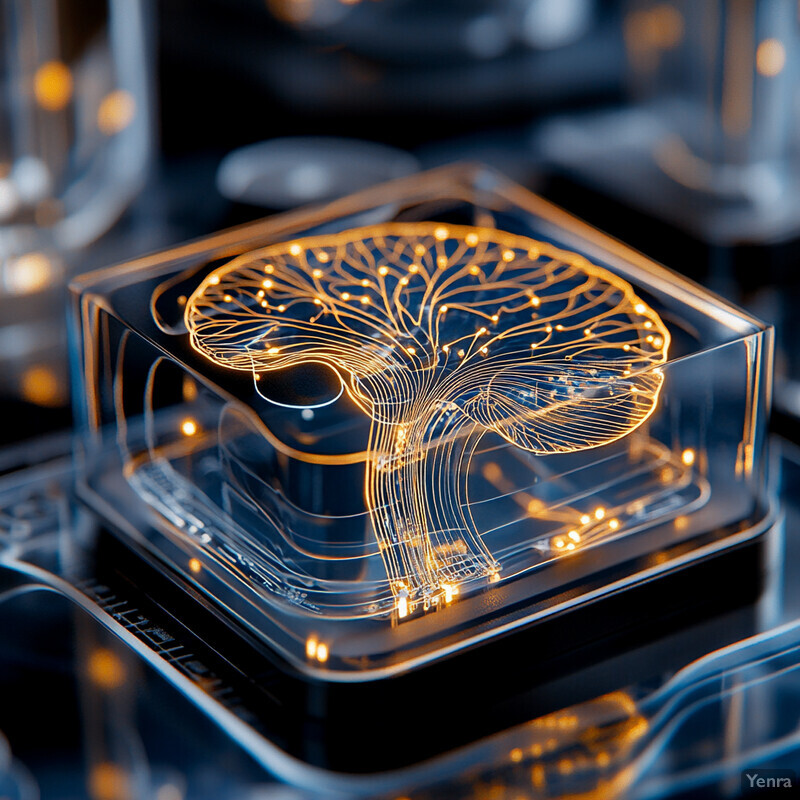 A futuristic representation of the human brain in a transparent cube with golden lighting, giving it a sense of depth and dimensionality.