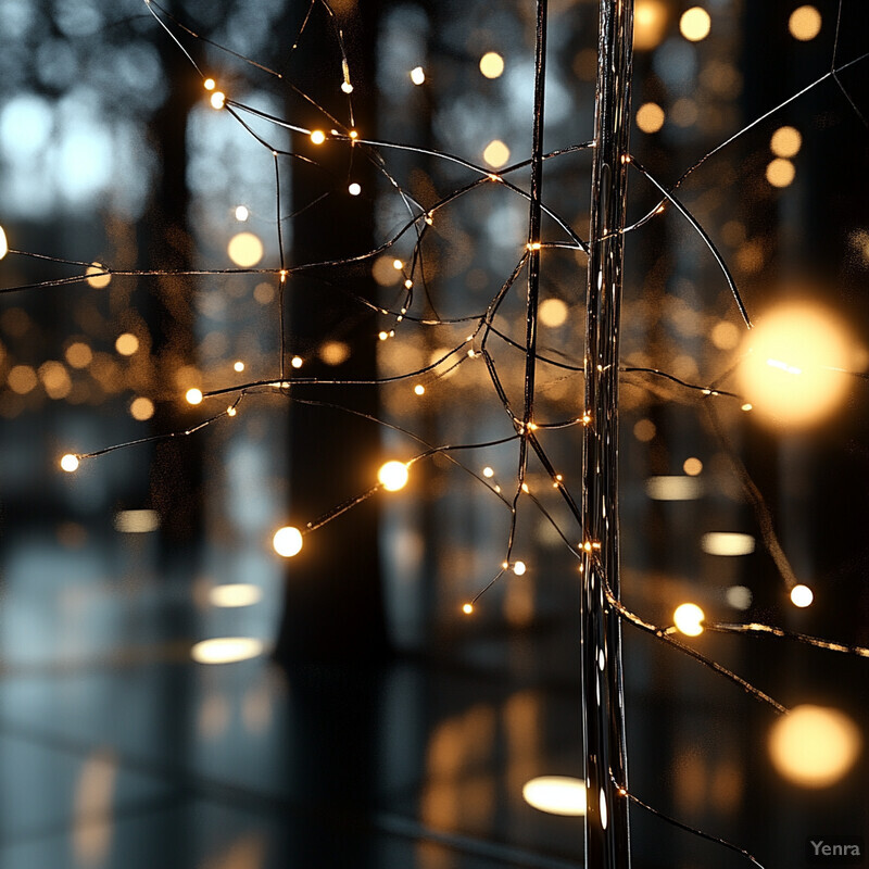 A close-up view of a string of fairy lights suspended from two metal poles in front of a reflective surface and out-of-focus trees in the background.