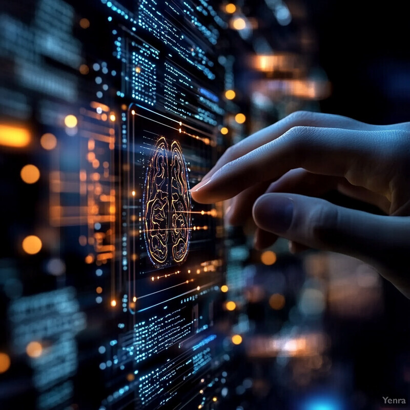 A person's hand interacts with a digital interface in a cityscape at night.