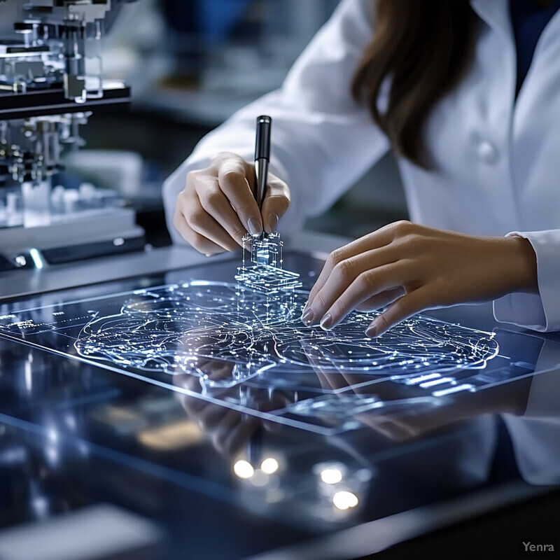 A person in a white lab coat examines a glass surface with their hands.