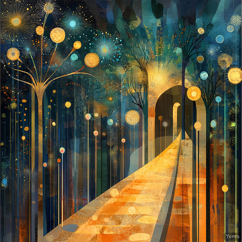 A vibrant and imaginative scene of a path leading through an archway, surrounded by tall trees adorned with glowing orbs.