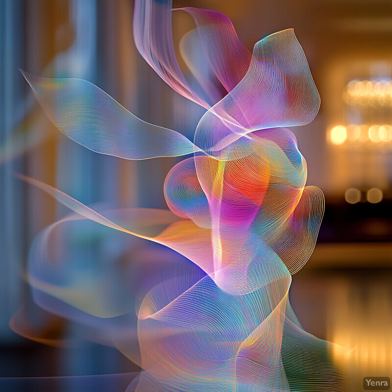 An abstract artwork featuring swirling lines in purple, blue, and orange hues, set against a blurred background that may be a room or hallway with white walls.