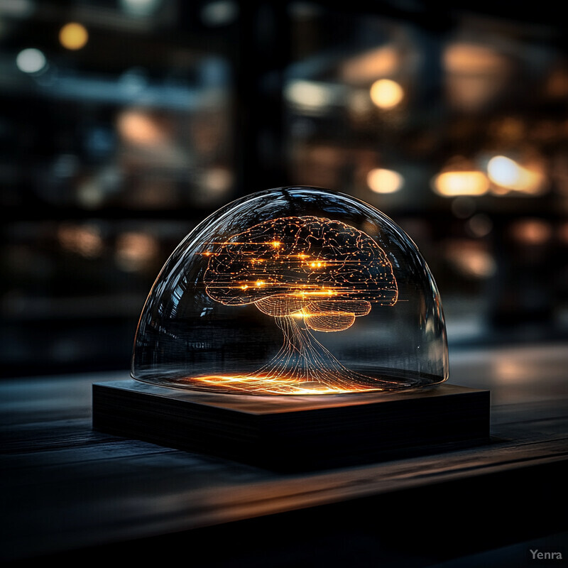 A glass dome containing a glowing brain structure sits on a black base in an indoor setting.