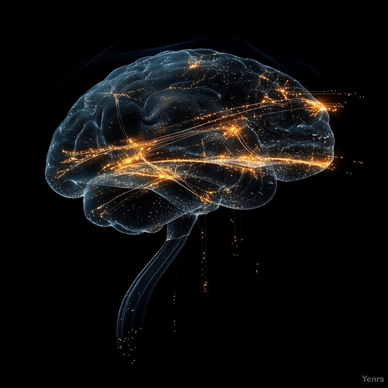 A detailed illustration of the human brain with various components and connections