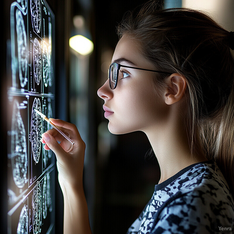 A woman examines an X-ray or CT scan of a human skull.