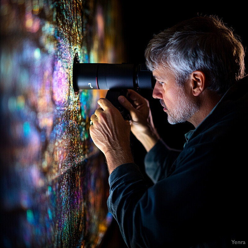 A man examines an abstract art piece through a camera lens in a studio or gallery setting.