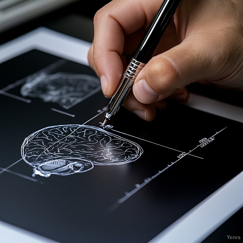 A person is labeling anatomical structures on an MRI scan of the brain using a fine-tip pen.