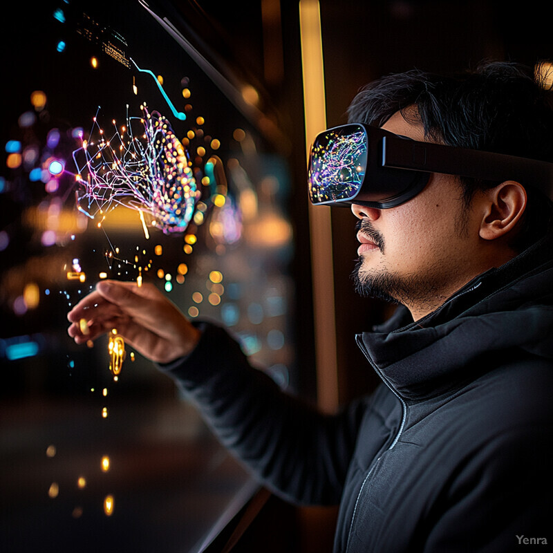 A man wearing VR goggles is intently focused on a screen displaying complex data visualizations.