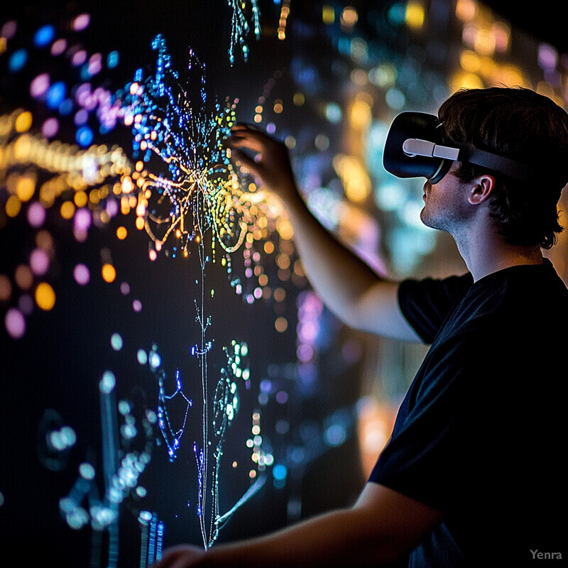 A man wearing a VR headset interacts with an immersive display of colorful lights and patterns.