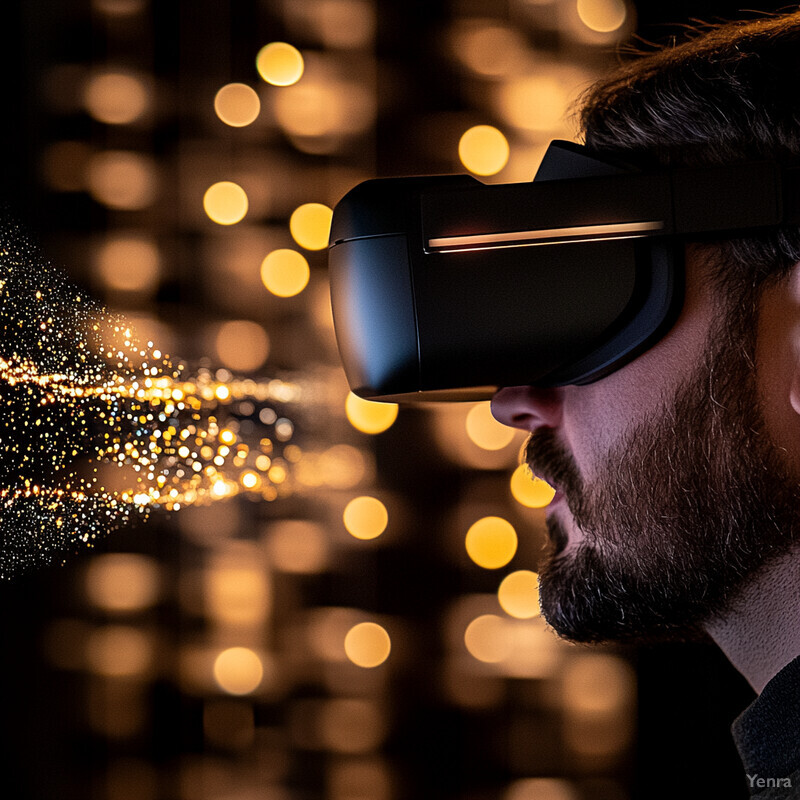 A man wearing a VR headset in a dark room or studio.