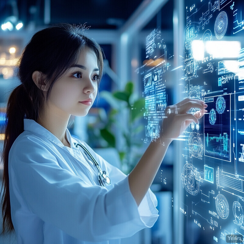 A woman in a white lab coat examines a large screen displaying graphs and charts.