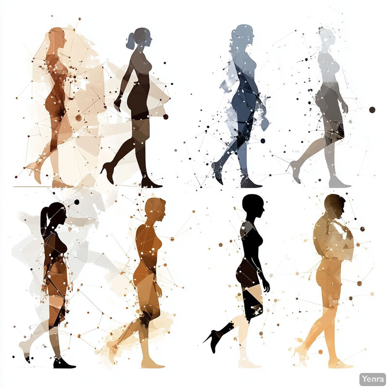 A collection of eight silhouettes of women in various poses and outfits, with each figure rendered in black against a white background.