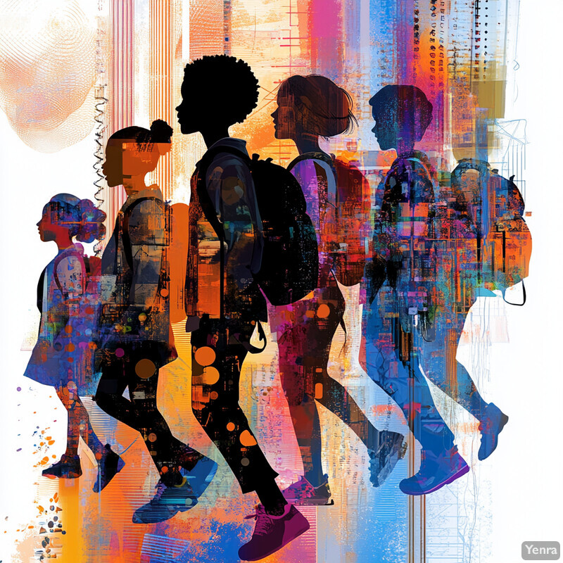 A vibrant illustration of people walking in various directions, conveying a sense of movement and energy.