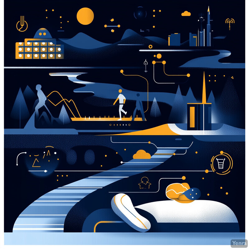 An abstract illustration of a nighttime landscape featuring various objects and scenes in shades of dark and light blue with yellow accents.