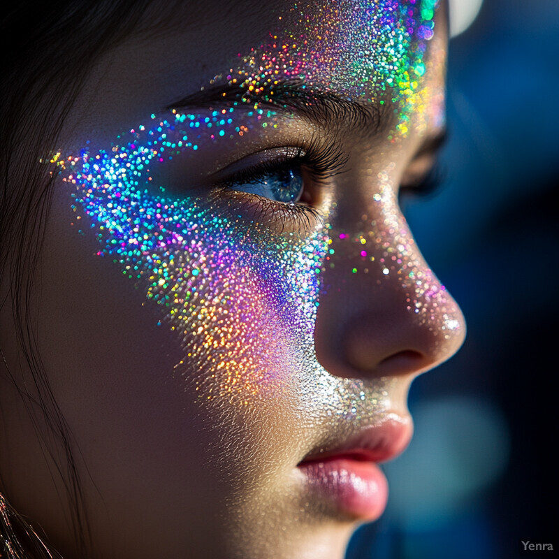 A close-up image of a woman's face, showcasing her profile and left eye, which is adorned with glittery makeup in various colors. The background is blurred but appears to be a dark blue color.