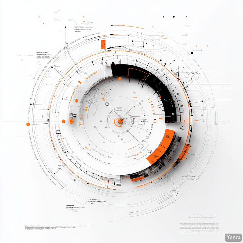 An abstract, futuristic visual representation of data and information featuring a central circular object with interconnected components.