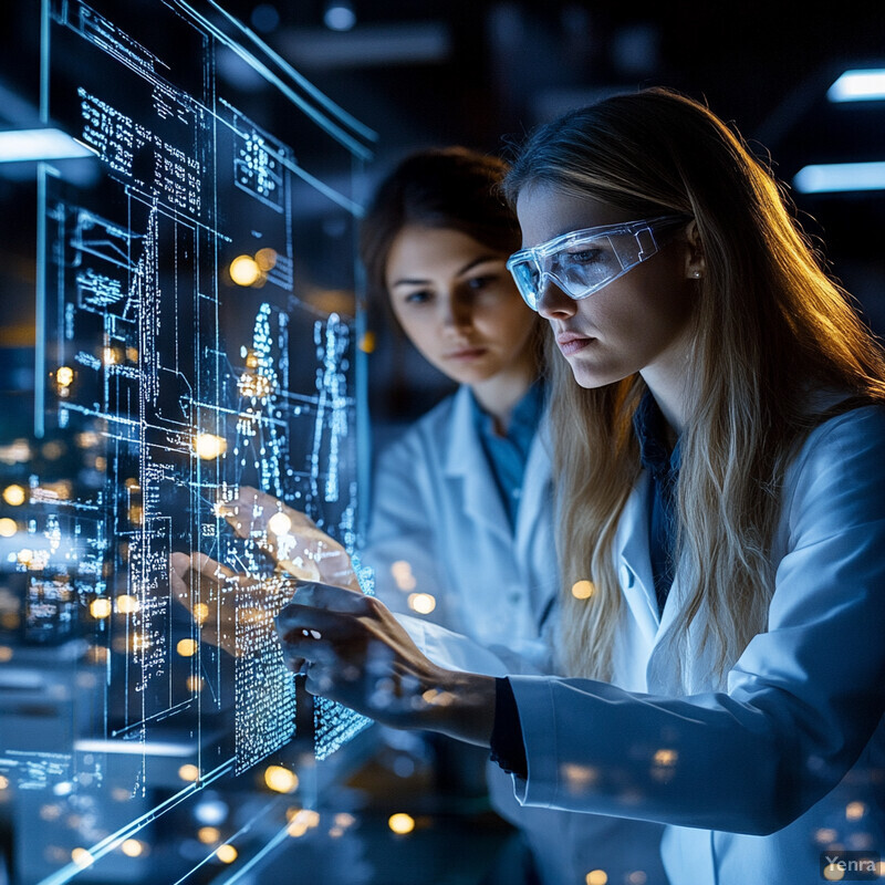 Two women in lab coats examine a large screen displaying complex data and diagrams in a laboratory setting.