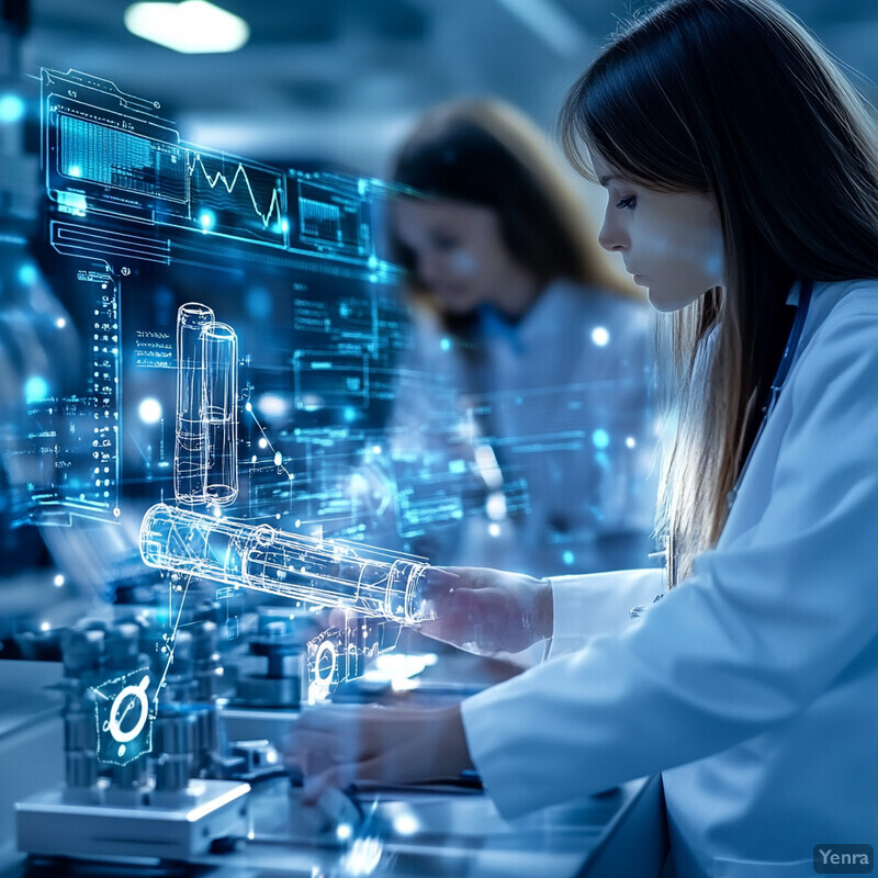 Two women in lab coats work together at a desk, surrounded by screens and machinery, analyzing data and developing new technologies.