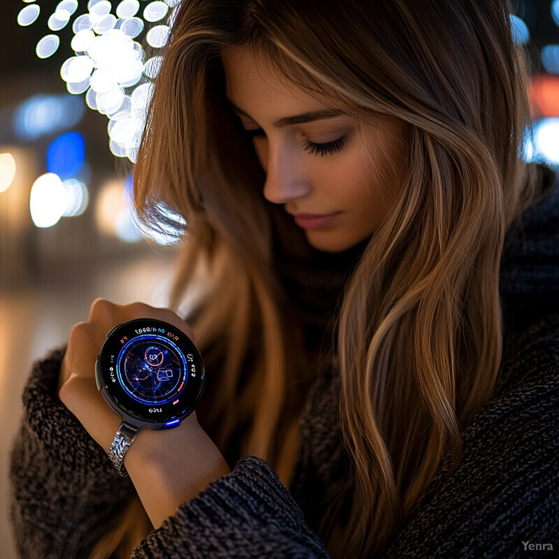 A woman is shown wearing a smartwatch with a round black face and blue lights.