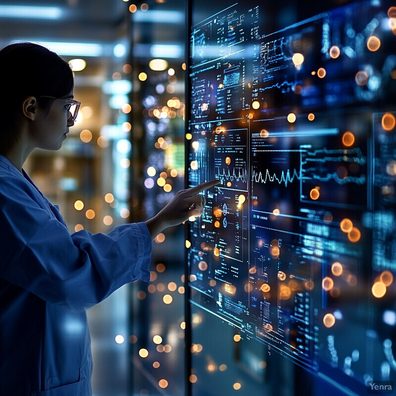 A woman in blue scrubs is analyzing data on a large screen.