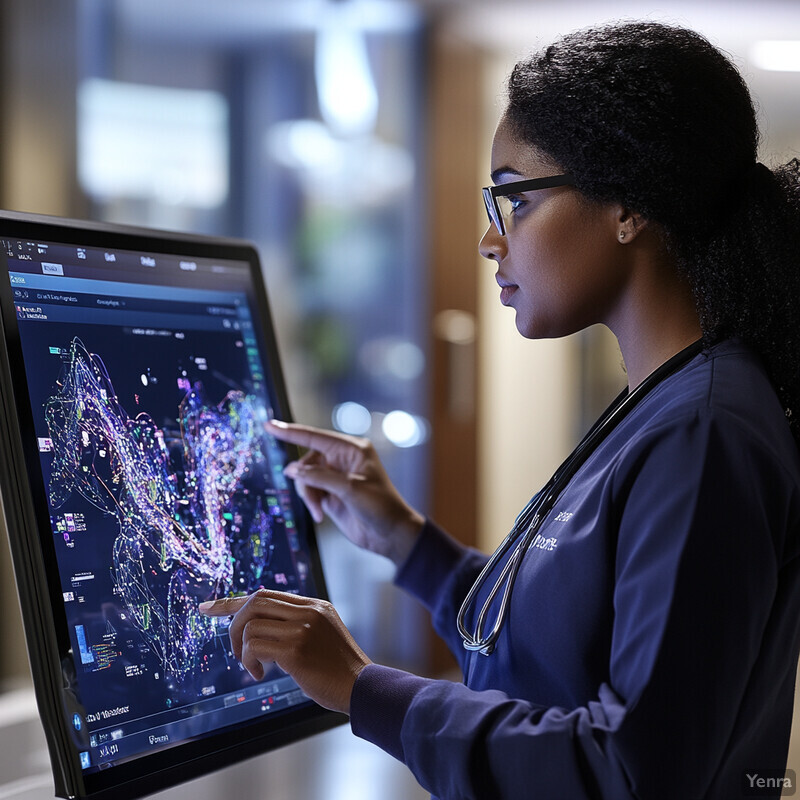 A woman in blue scrubs is examining an electronic screen displaying colorful graphs and charts.