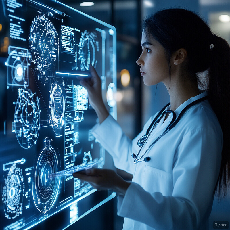 A woman in a white lab coat analyzing medical data on a large screen.