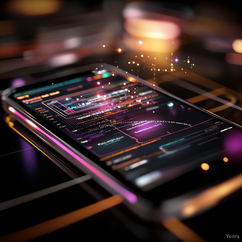 An abstract representation of integration with smartphones and wearables, featuring a smartphone screen displaying various lines of code.