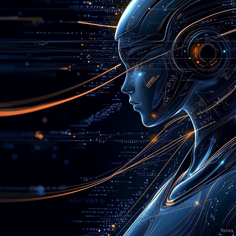 A futuristic humanoid robot stands in front of an orange background, its glowing blue eyes and flowing hair adding to its otherworldly appearance.