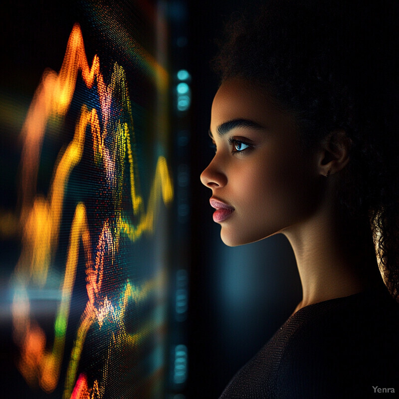 A woman intently examines a computer screen displaying stock market data, conveying focus and concern.