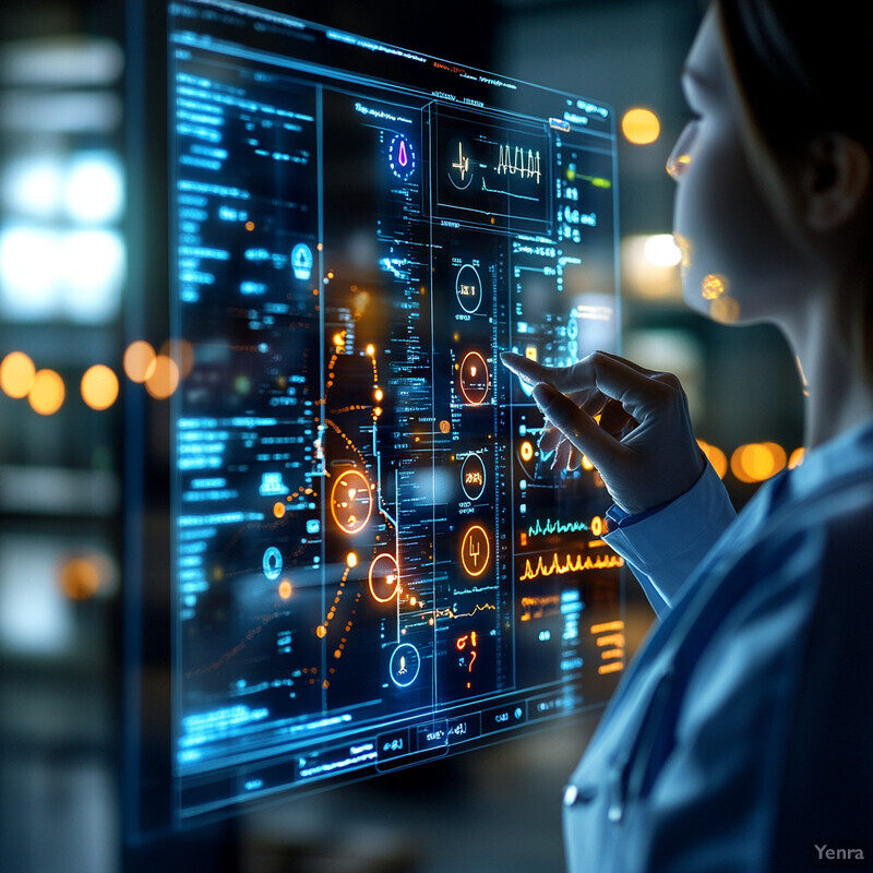 A woman in a white lab coat examines a large screen displaying complex data related to glucose trends.