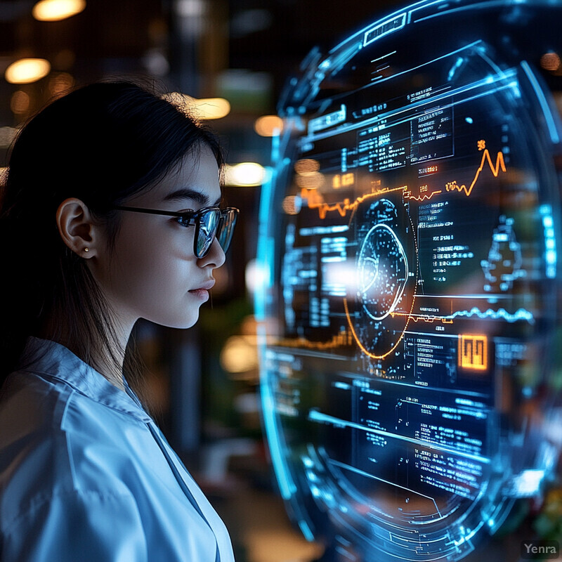 A woman is looking at a large screen displaying complex data visualizations.