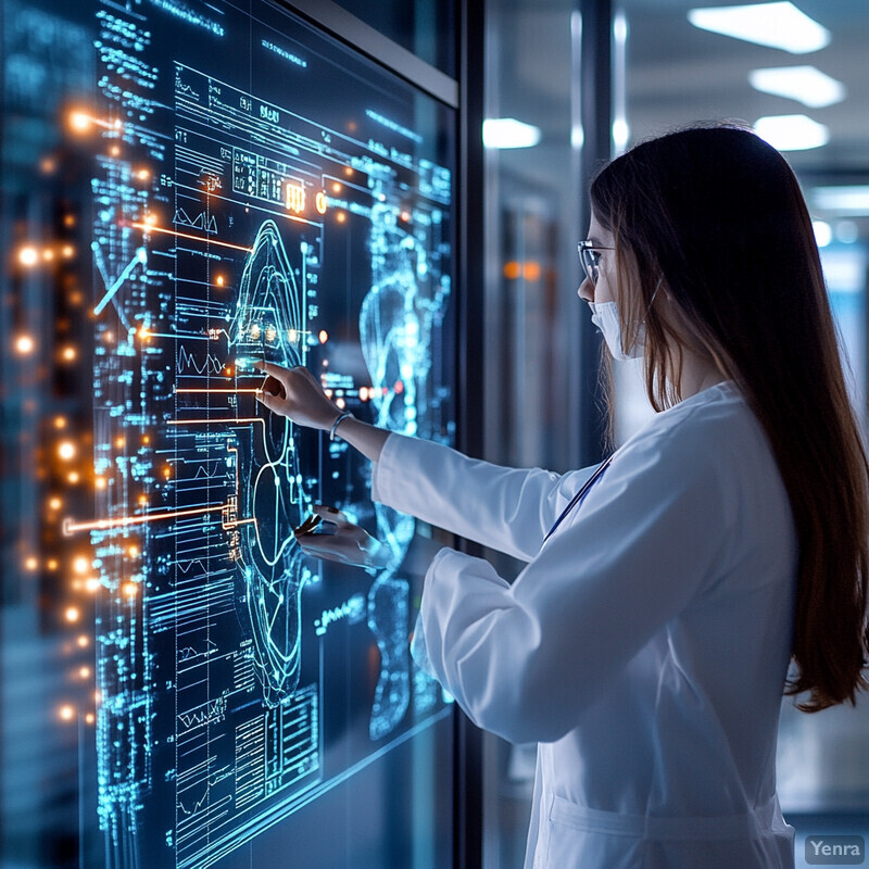 A woman in a white lab coat is analyzing glucose trends on a large screen in an office setting.